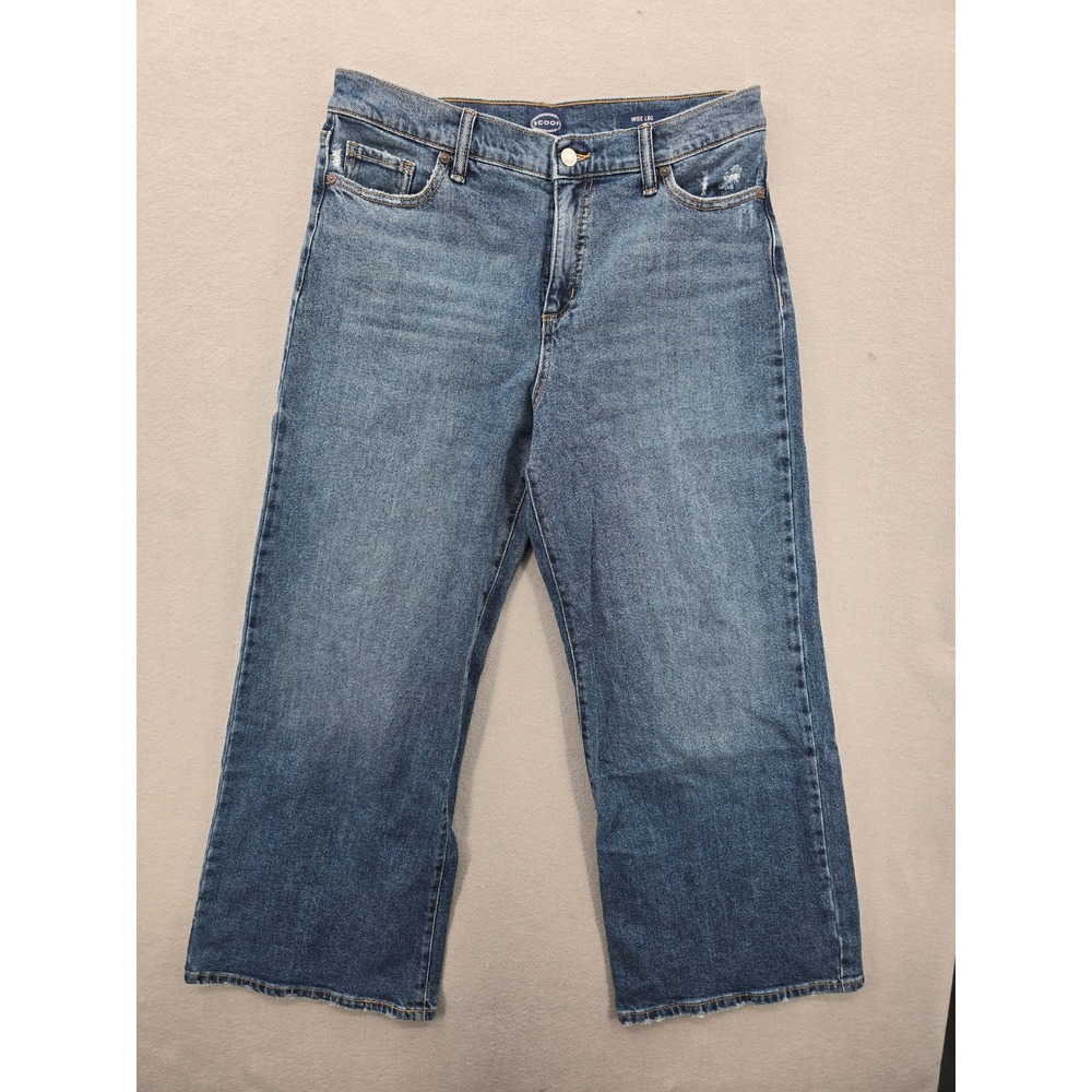 Scoop Wide Leg High Rise Distressed Jeans Medium Wash Frayed Hem Women Size 6